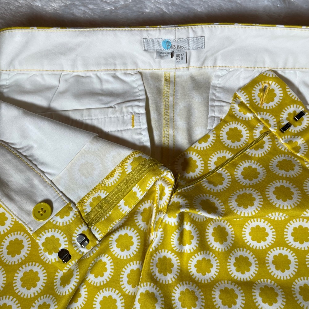 Boden Richmond Shorts 8 Yellow White Geometric Floral Sunburst 1960s Mod Retro - Picture 3 of 7